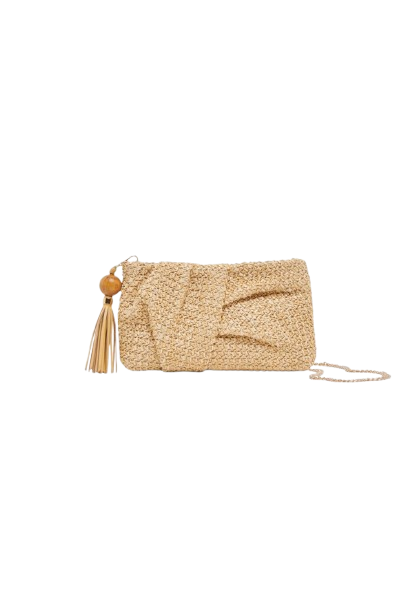 Beige woven clutch bag with a tassel on a white background