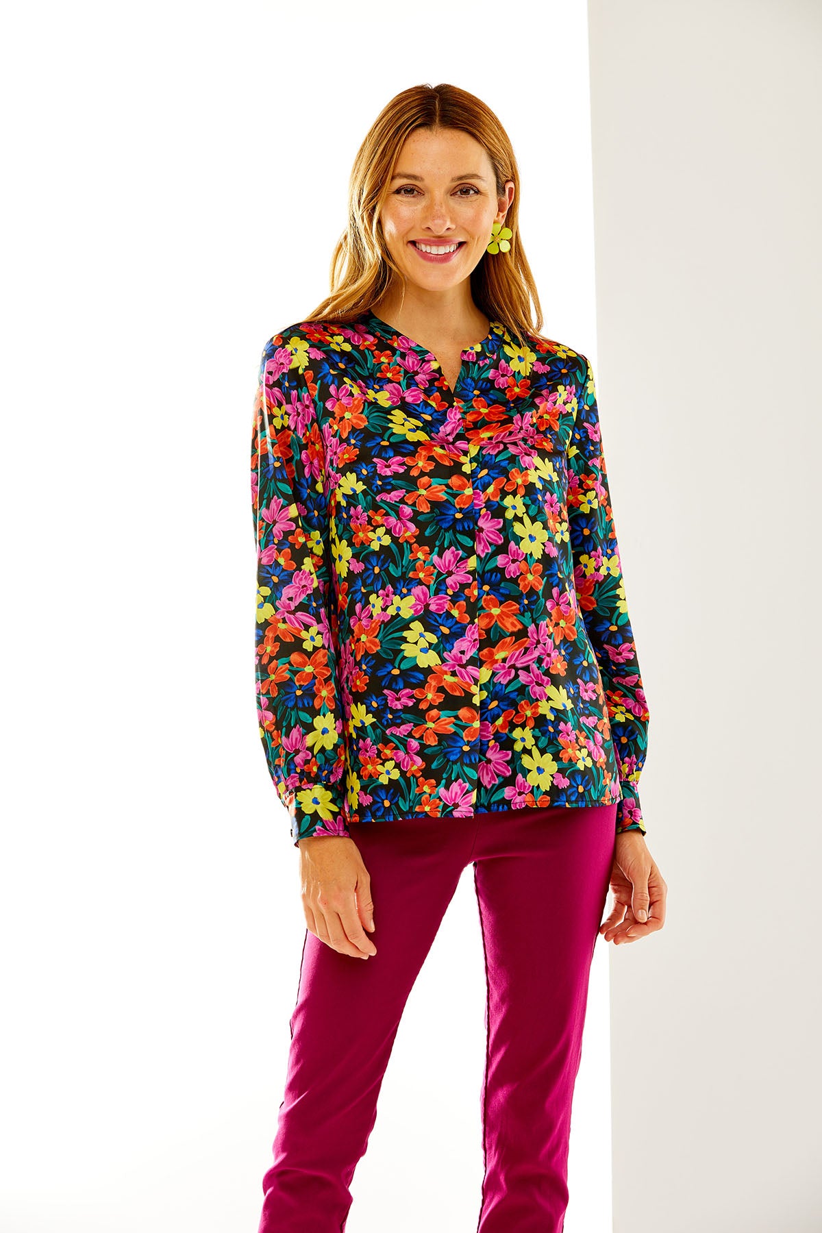 Woman in black multi floral blouse