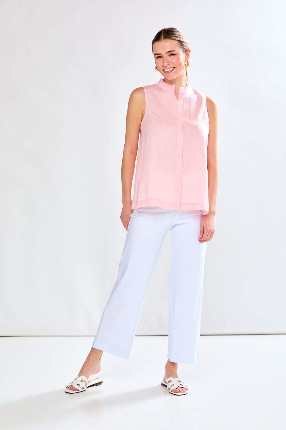 Woman in sorbet linen top