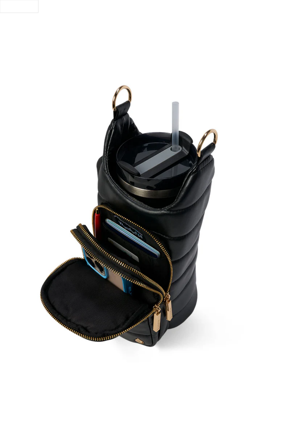 Black leather crossbody water bottle bag with gold chain detail on a white background