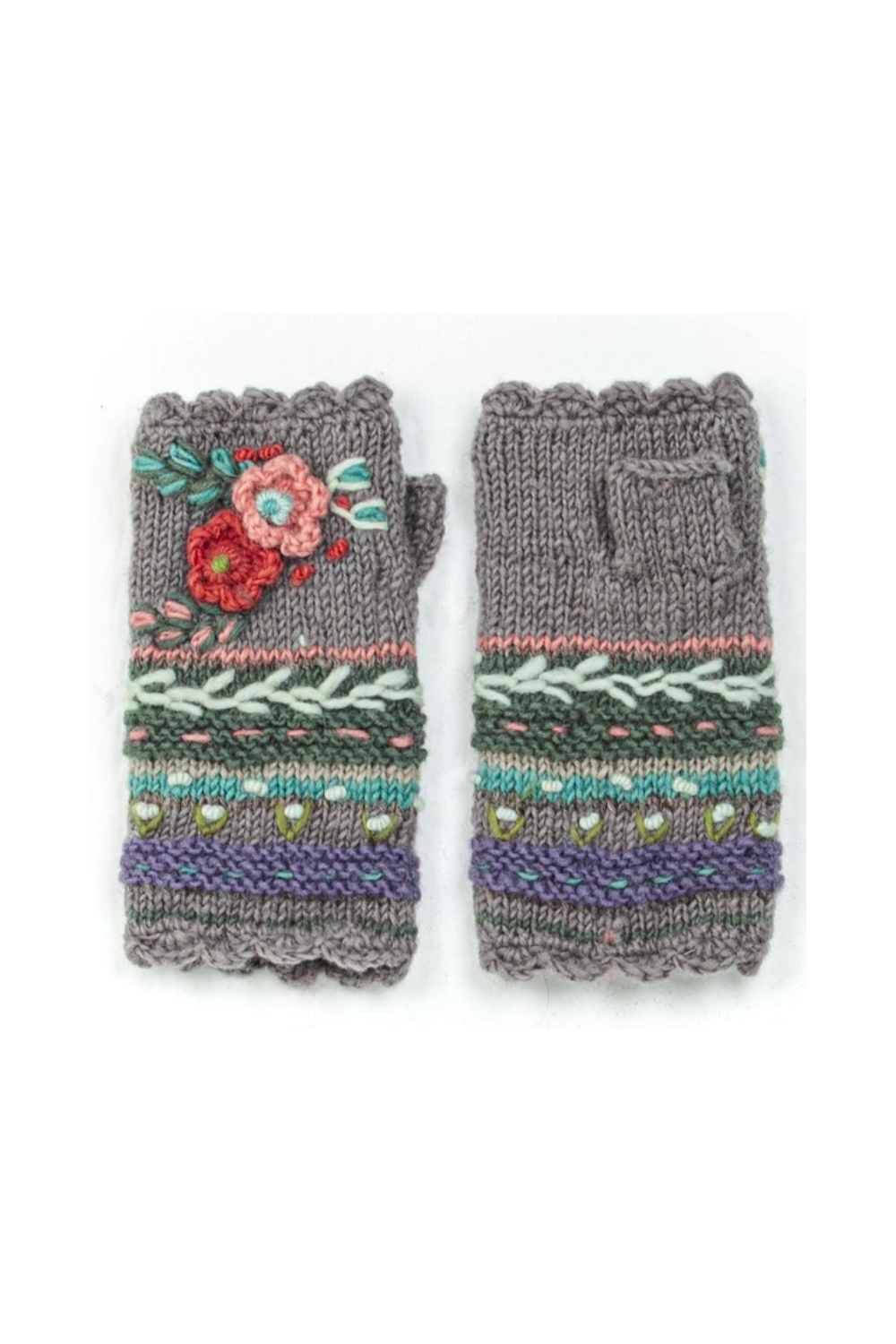 Pair of grey knitted fingerless gloves with floral embroidery on a white background