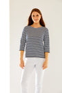 Woman in navy/white stripe top