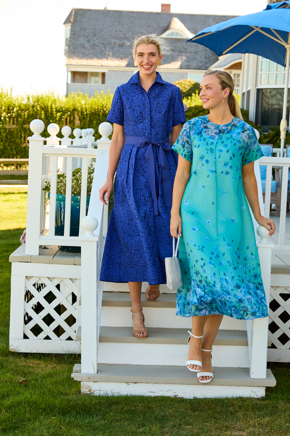Woman wearing a blue floral dress 