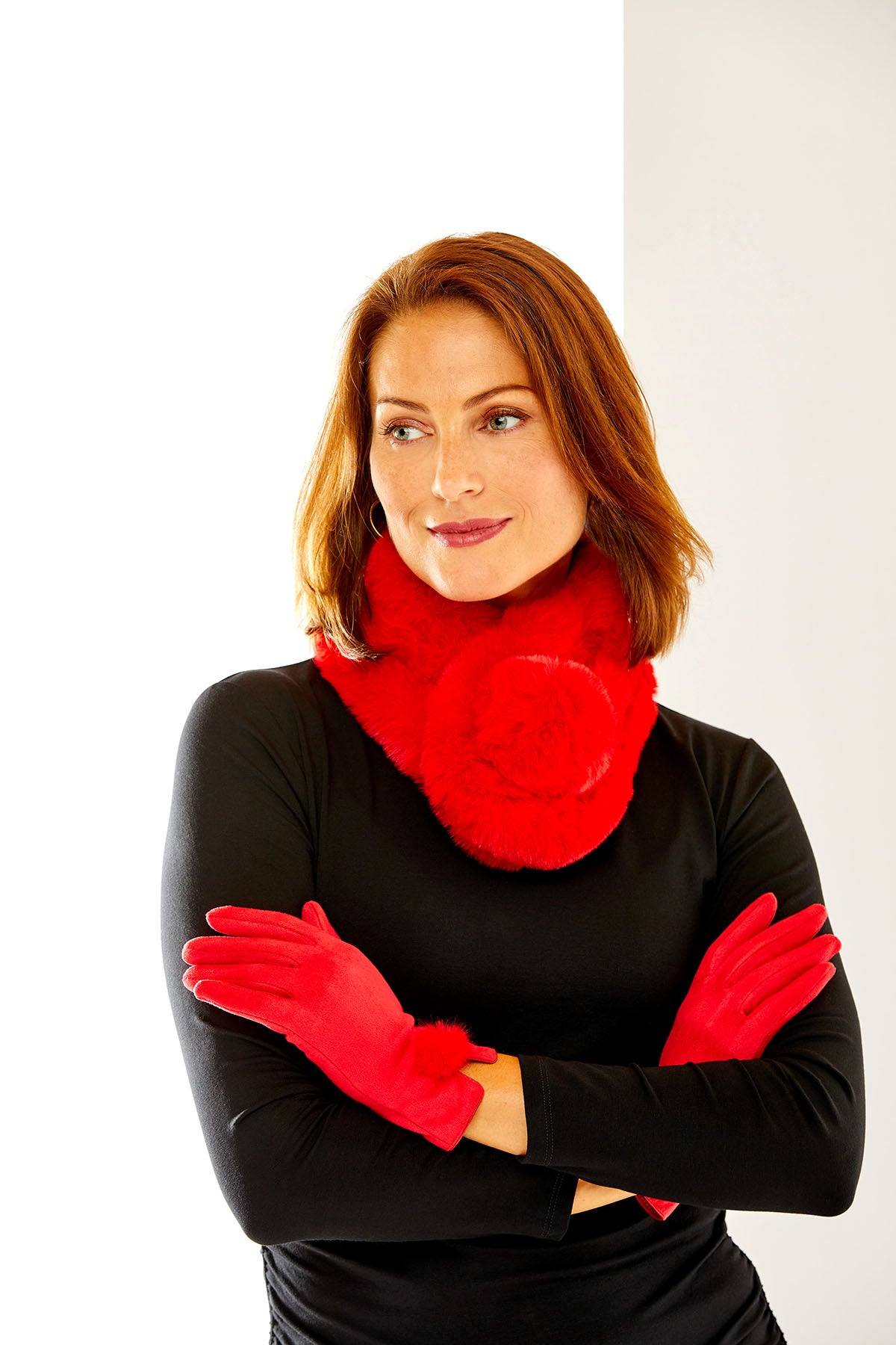 woman in red faux fur scarf