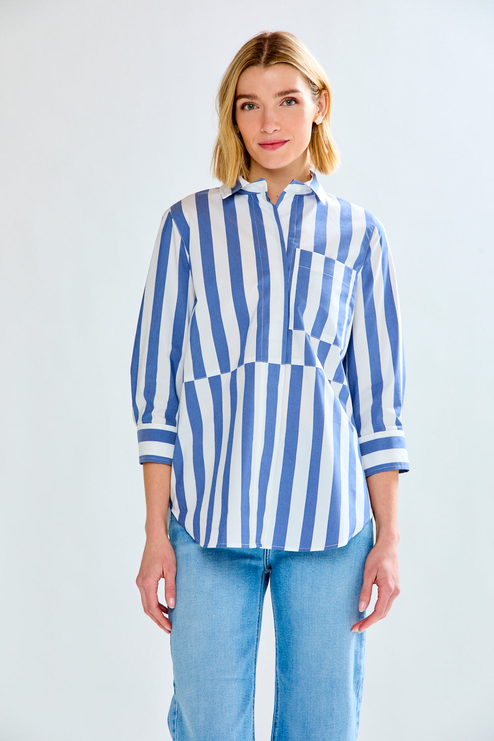 Woman in blue striped shirt