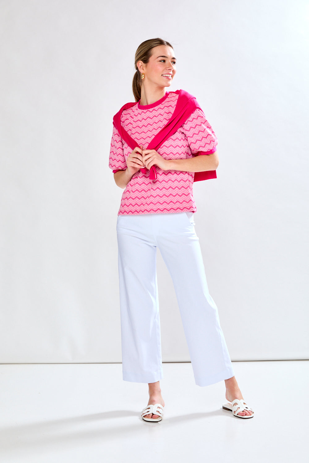 Woman in pink chevron top