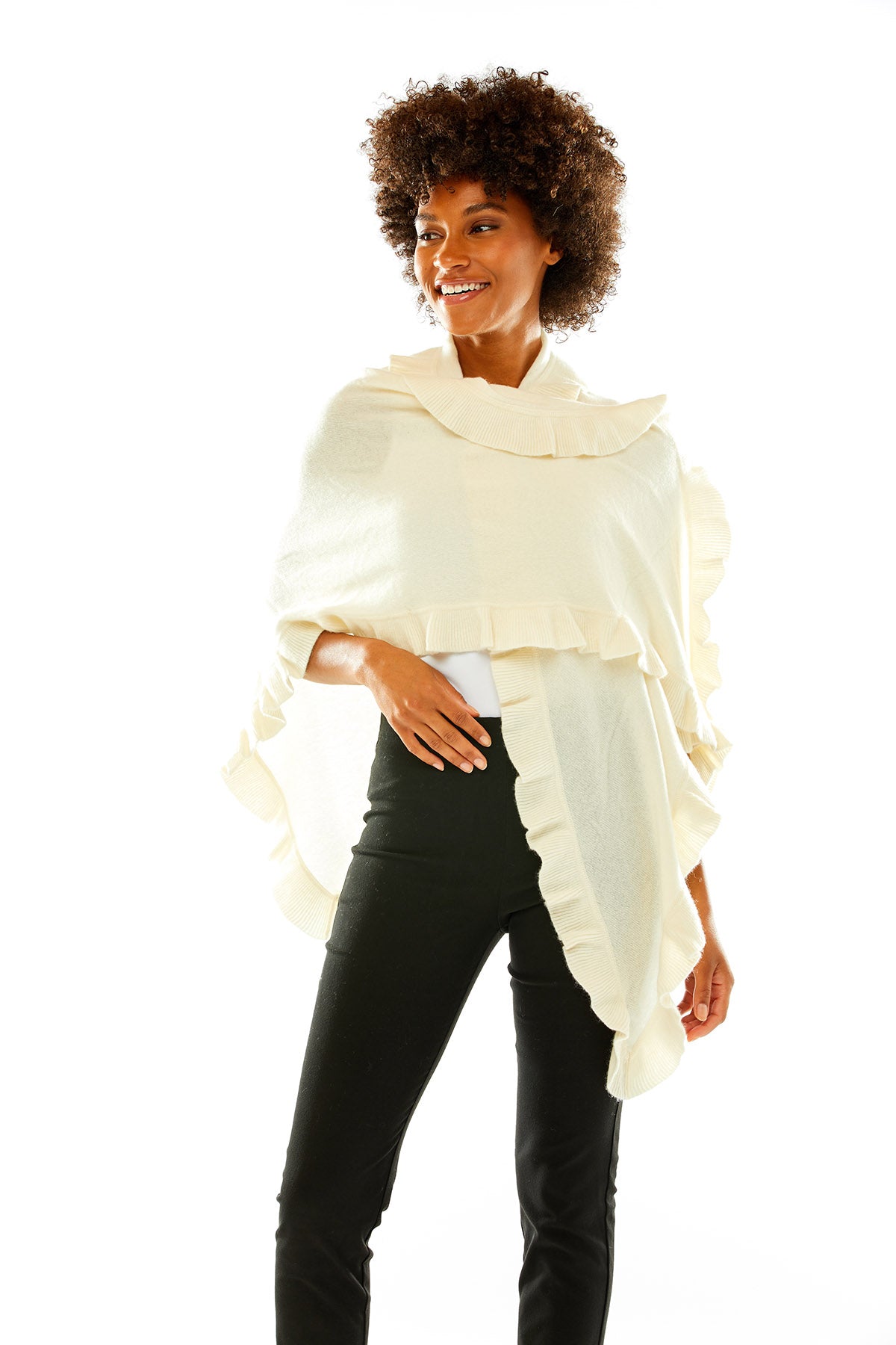 Ivory cashmere wrap with ruffle edge. Perfect for everyday wear and as a cocktail attire accessory