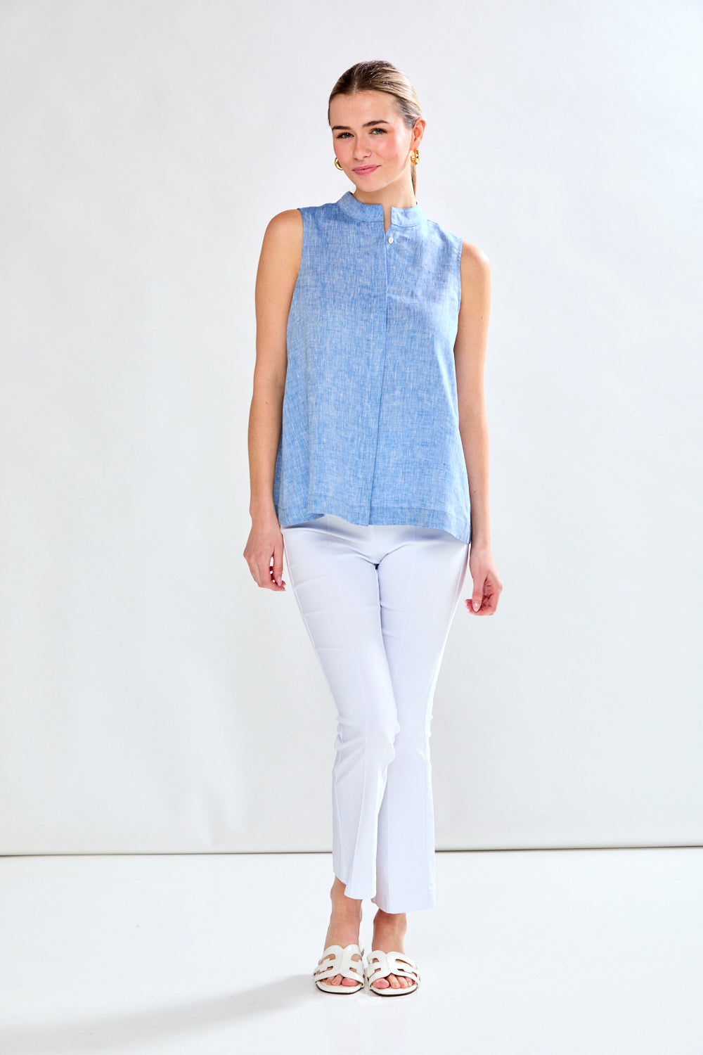 Woman in chambray linen top