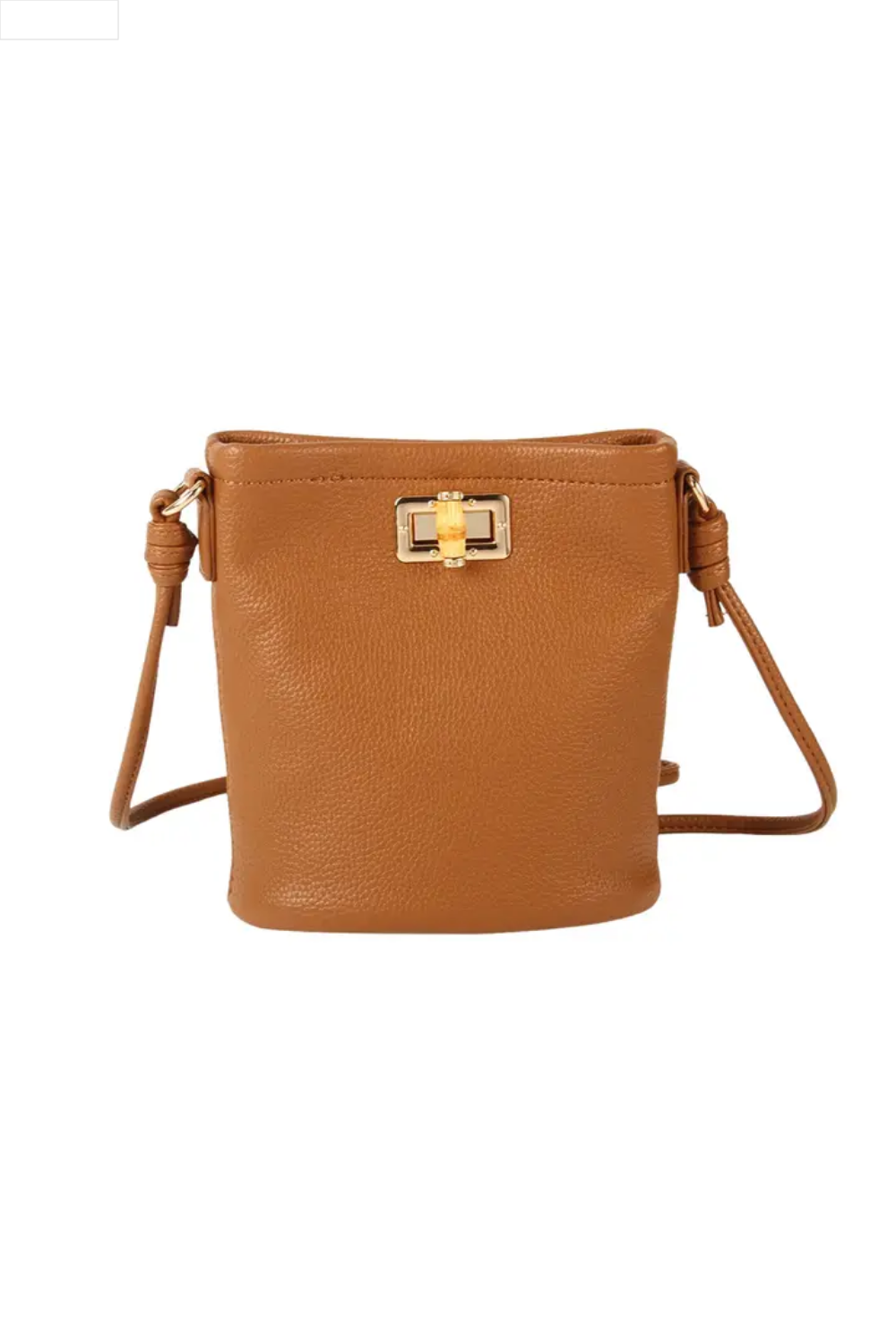 Brown leather crossbody bag with gold clasp on a white background