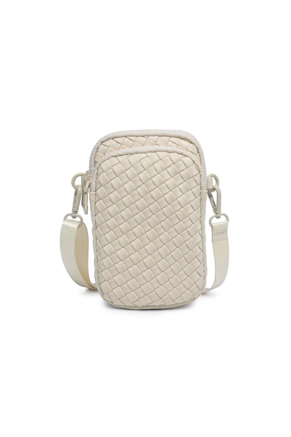 Cream woven crossbody bag on a white background