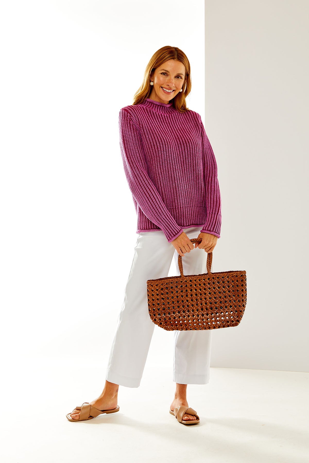 Woman in boysenberry sweater
