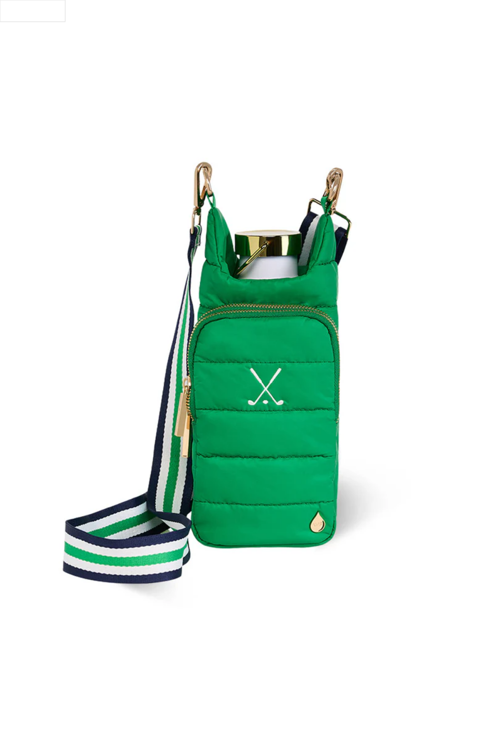 Green quilted handbag with a strap on a white background