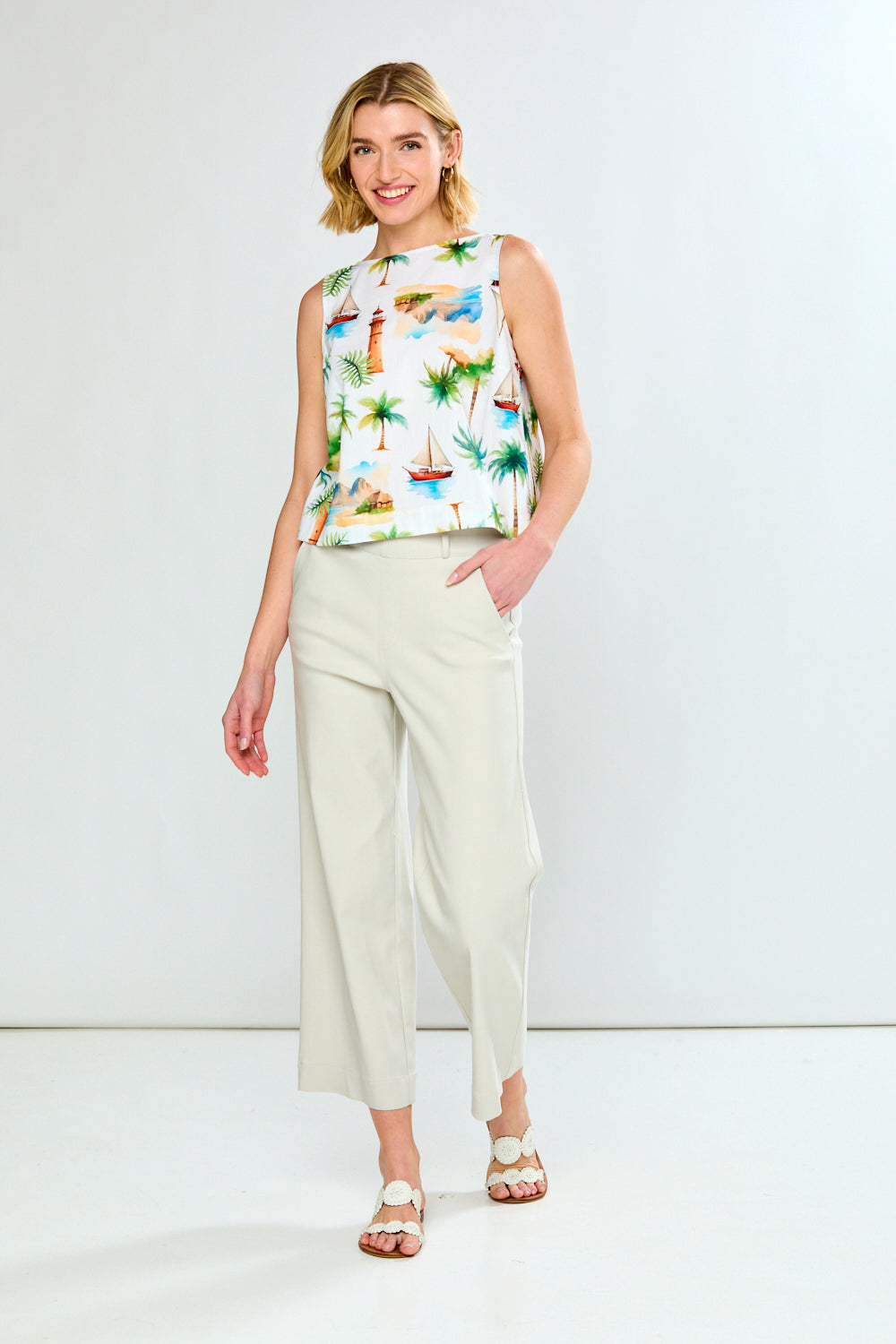woman in costal boat neck top