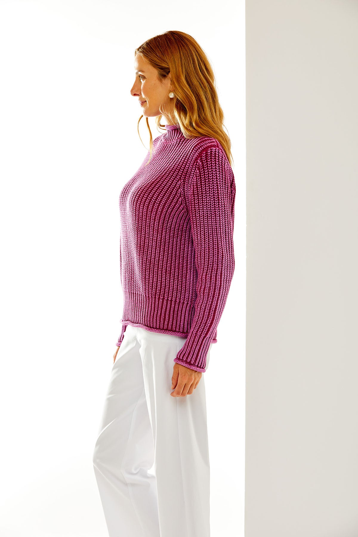 Woman in boysenberry sweater