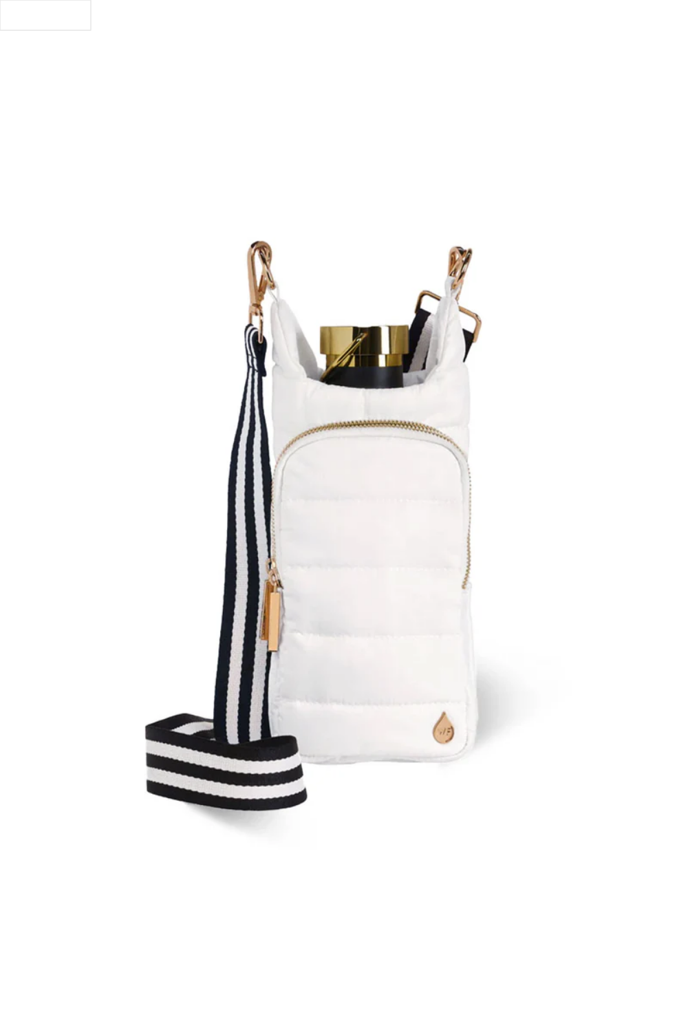 White handbag with a black and white striped strap on a white background