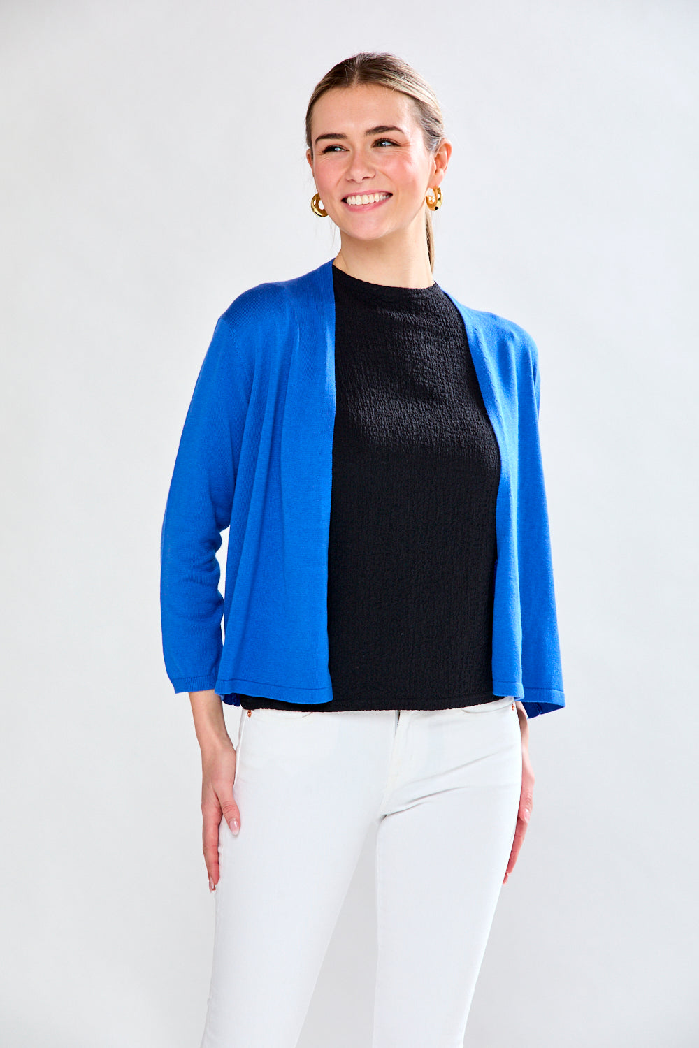 Woman in hydrangea cardigan