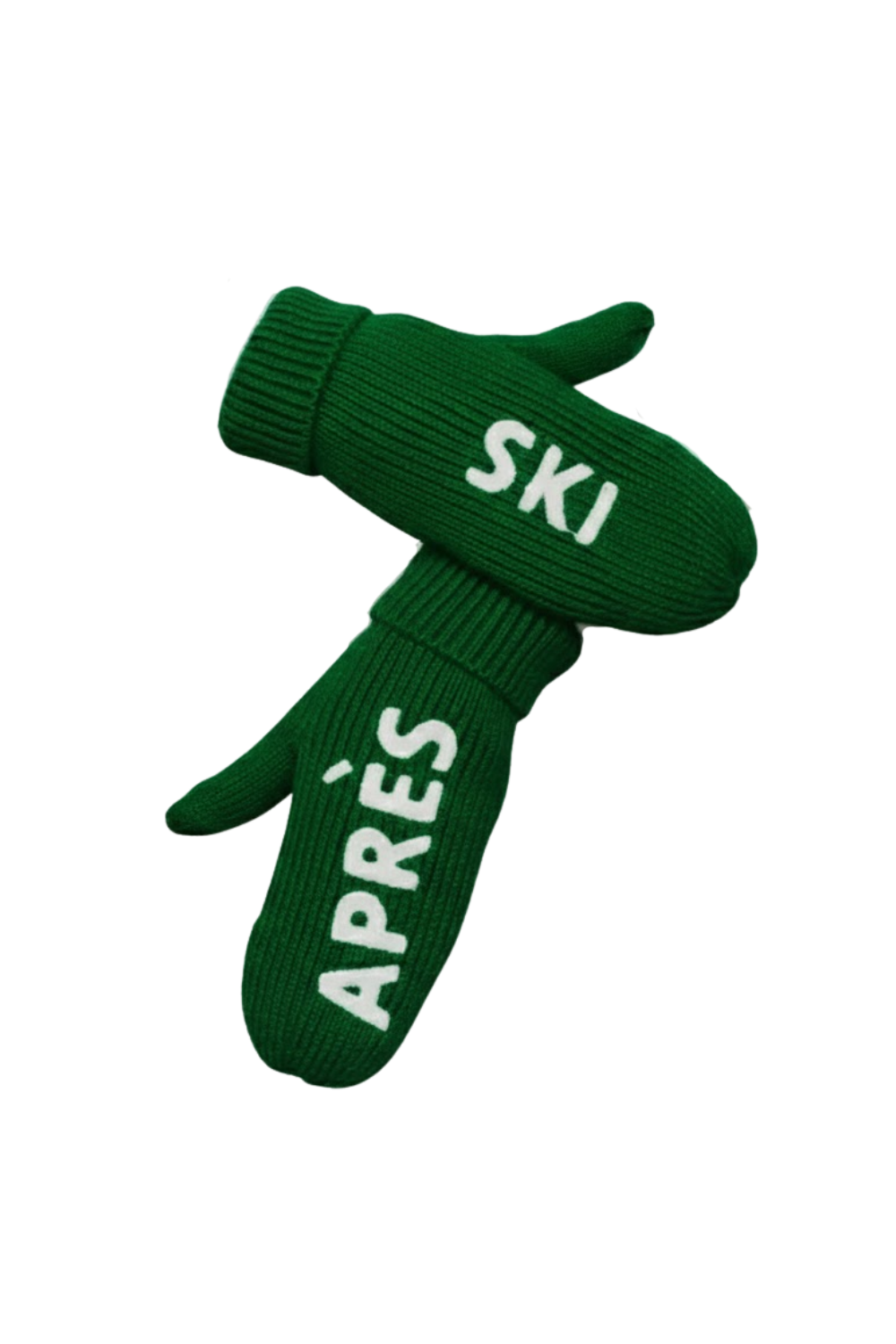 Green gloves with 'Ski' and 'Apèrs' text on a white background