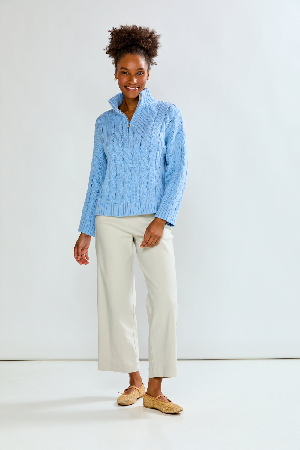 Woman wearing Cotton Cable Quarter Zip