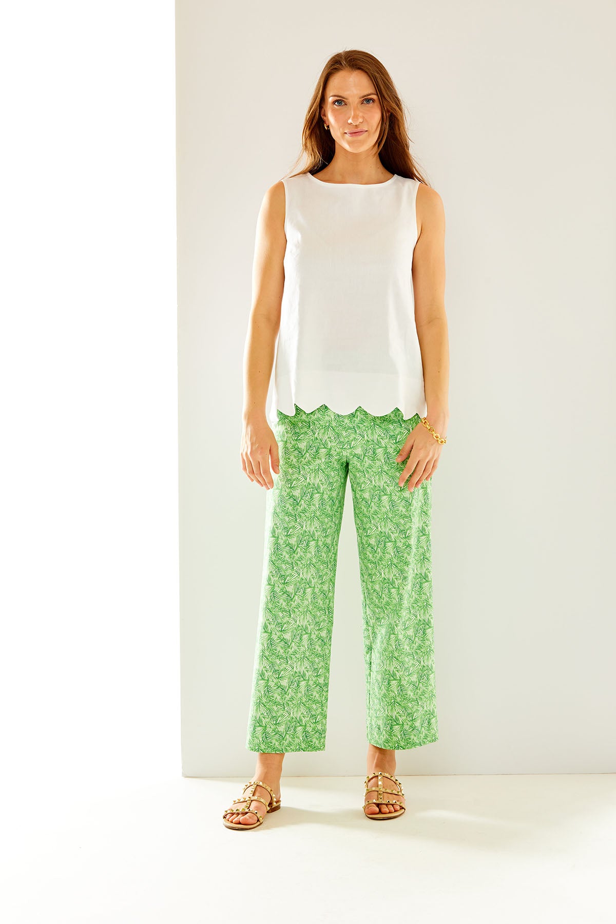 Woman in tropical leaf print willow pant