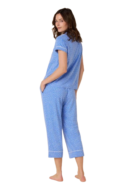 Woman in blue confetti pajamas