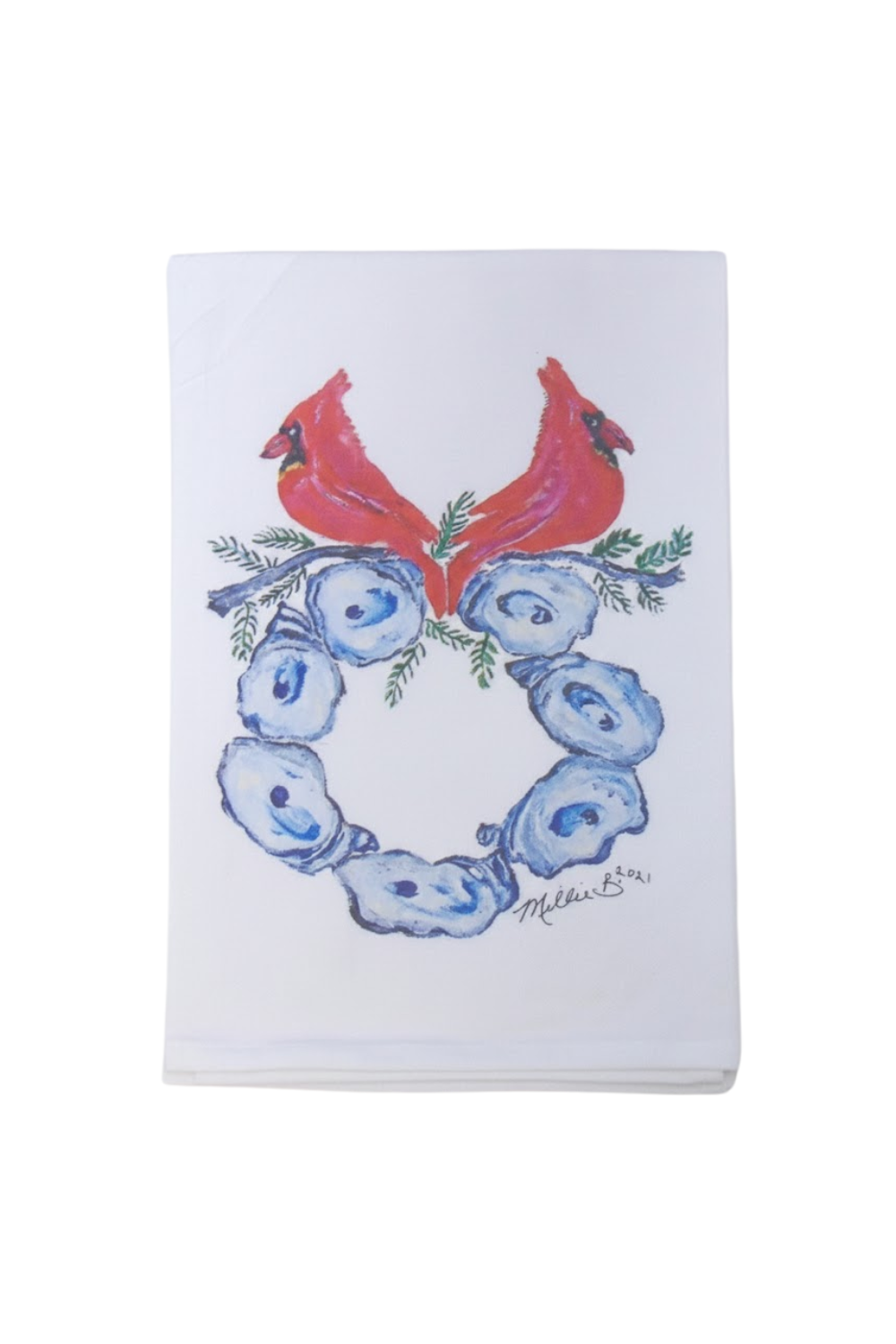 Tea towel with red cardinals and blue flowers design on a white background