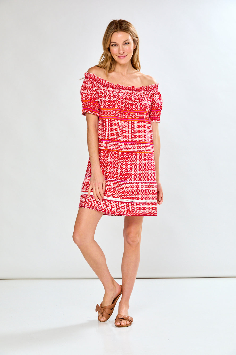 Woman in red printed dress