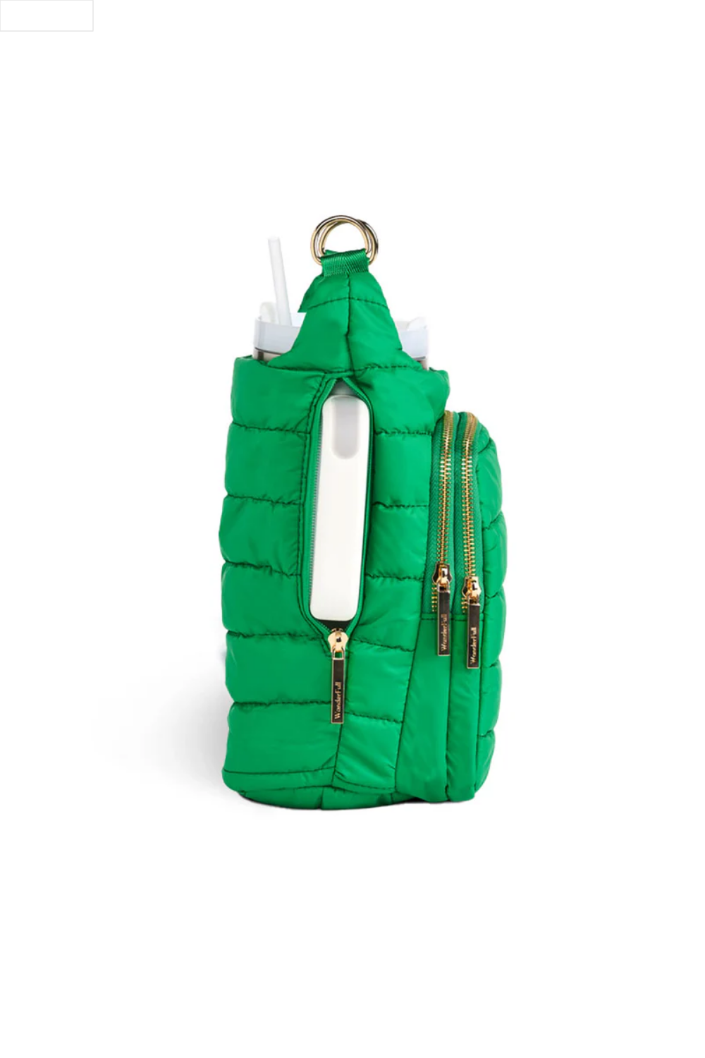 Kelly green puffer water bottle bag on a white background