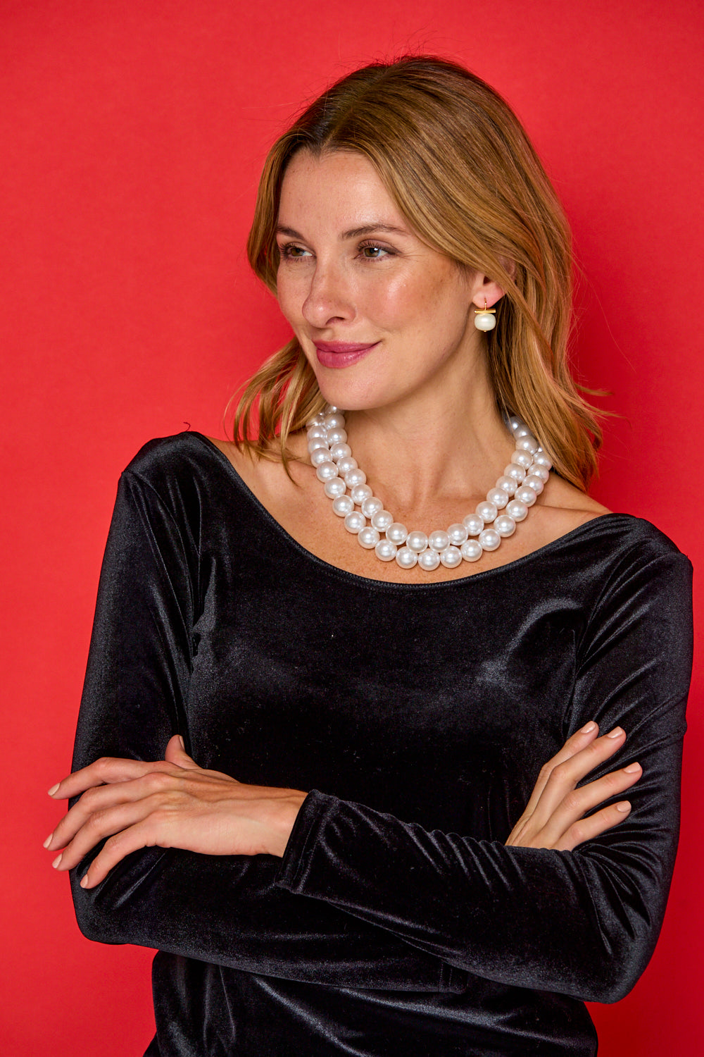 Woman in double strand pearl necklace