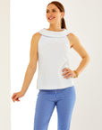 Woman in solid sleeveless top