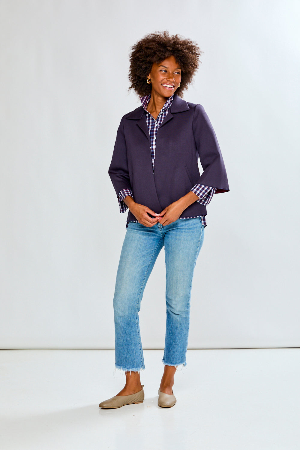 Woman in navy jacket