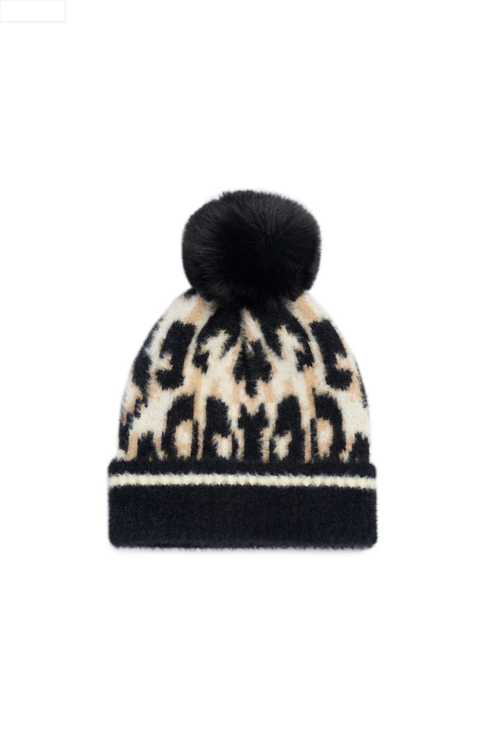Leopard print beanie with black pom-pom on a white background