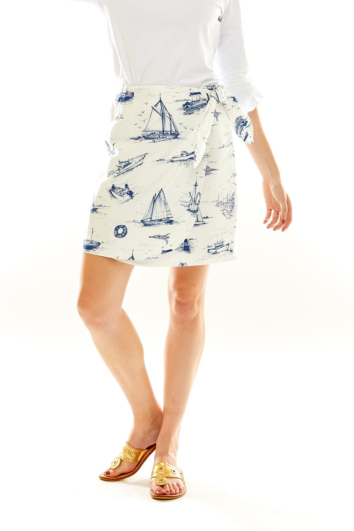 Woman in nautical toile skirt