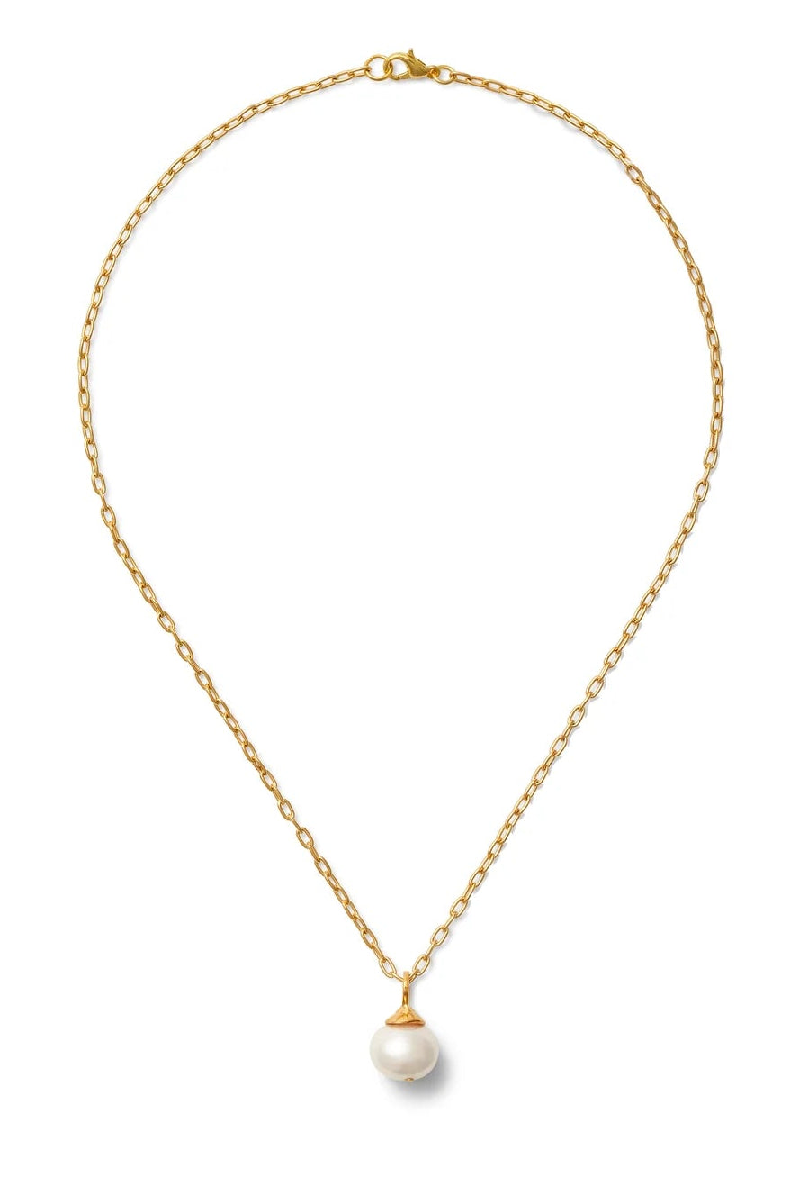 A delicate gold chain necklace with a single white pearl pendant, displayed against a solid white background.