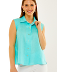Woman in blue sleeveless linen top