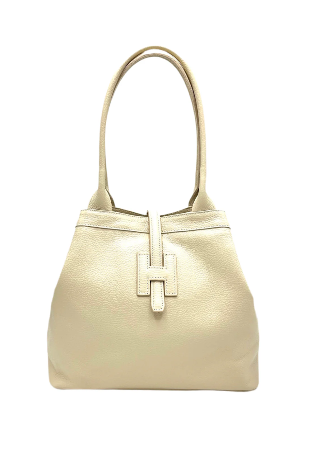 Beige handbag with a prominent logo on a white background