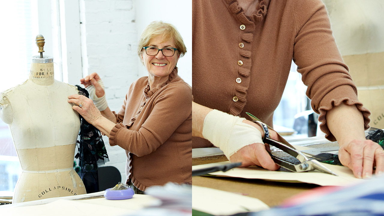 Side by side photos of a woman making a dress