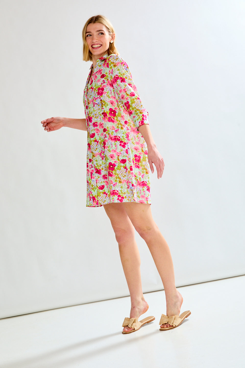 Woman in floral linen dress