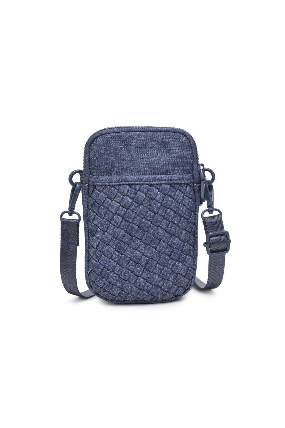 Navy blue woven crossbody bag on a white background