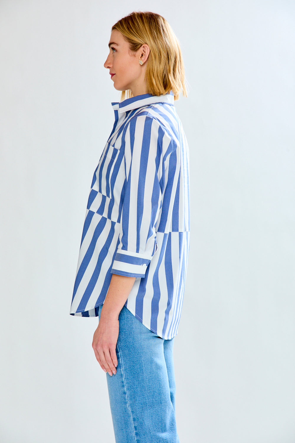 Woman in blue striped shirt