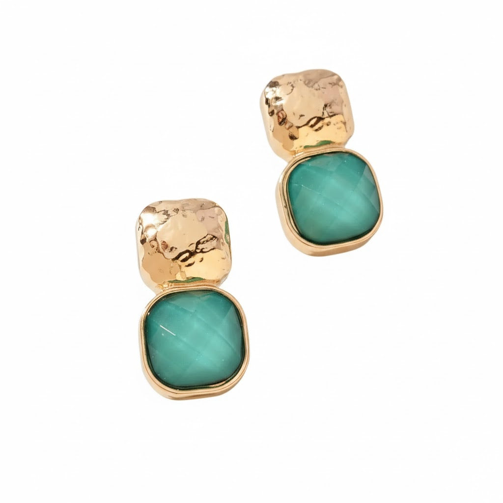 Hammered Metal Square Stone Earrings