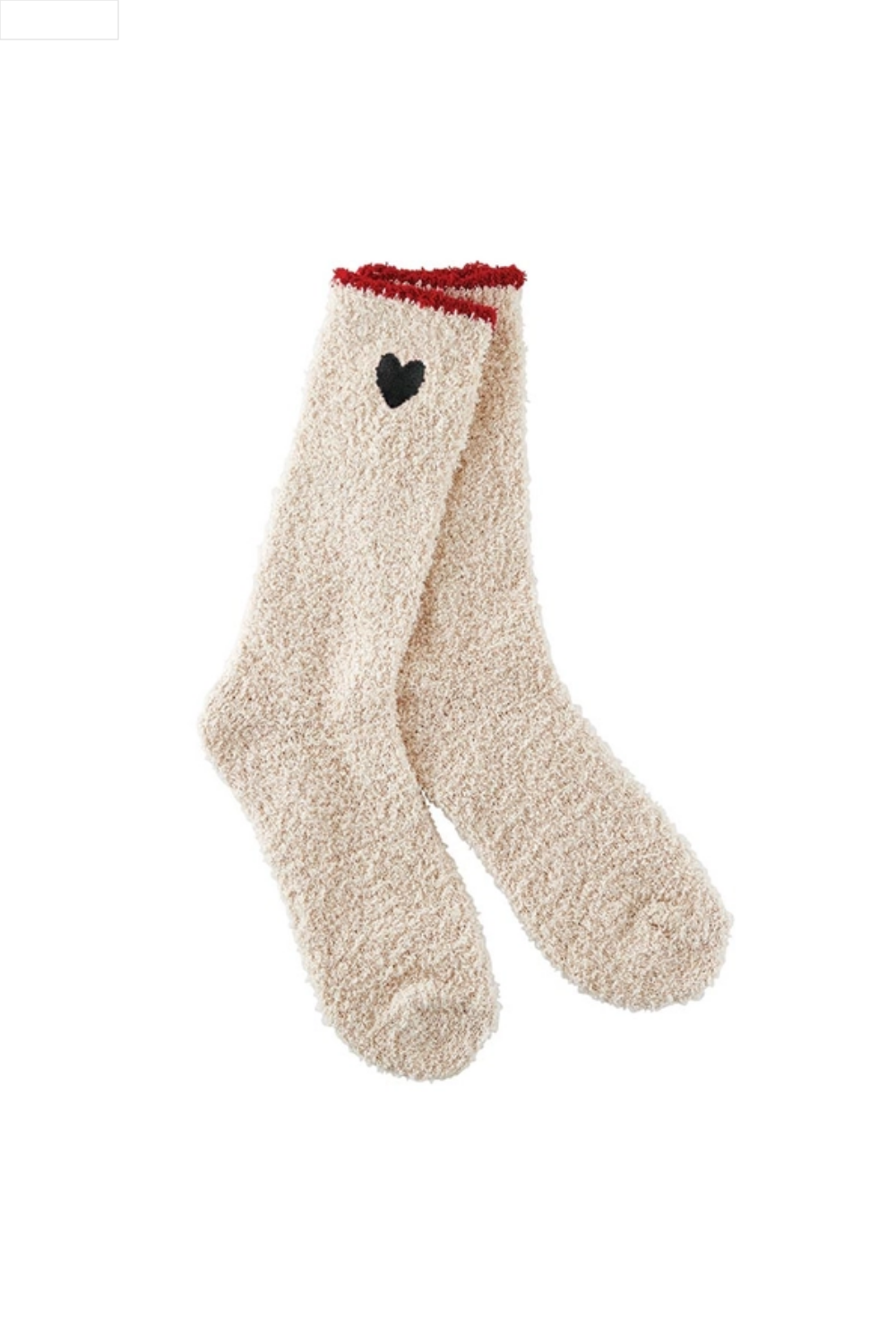 Beige fuzzy socks with a black heart and red trim on a white background