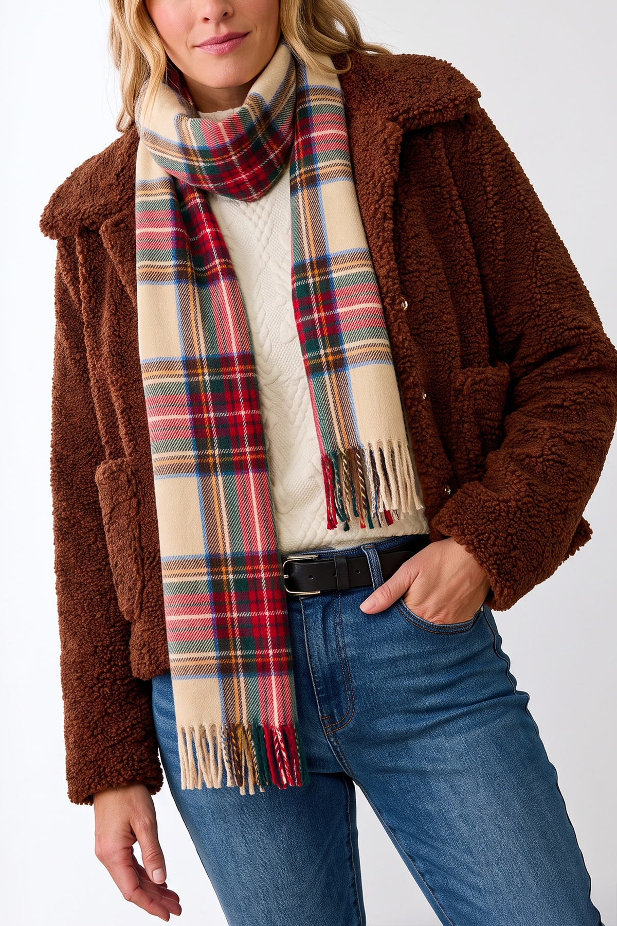 A woman wearing a brown teddy fleece jacket, cream cable-knit sweater, blue jeans, and a cream plaid scarf with red, green, and blue stripes.