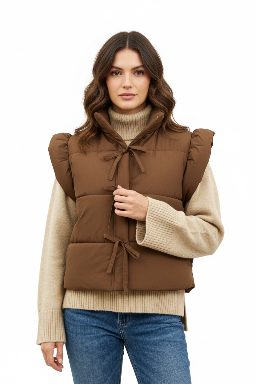 Woman wearing a brown puffer vest with bows
