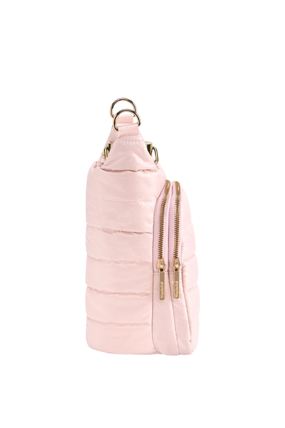 Pink quilted handbag with gold zippers on a white background