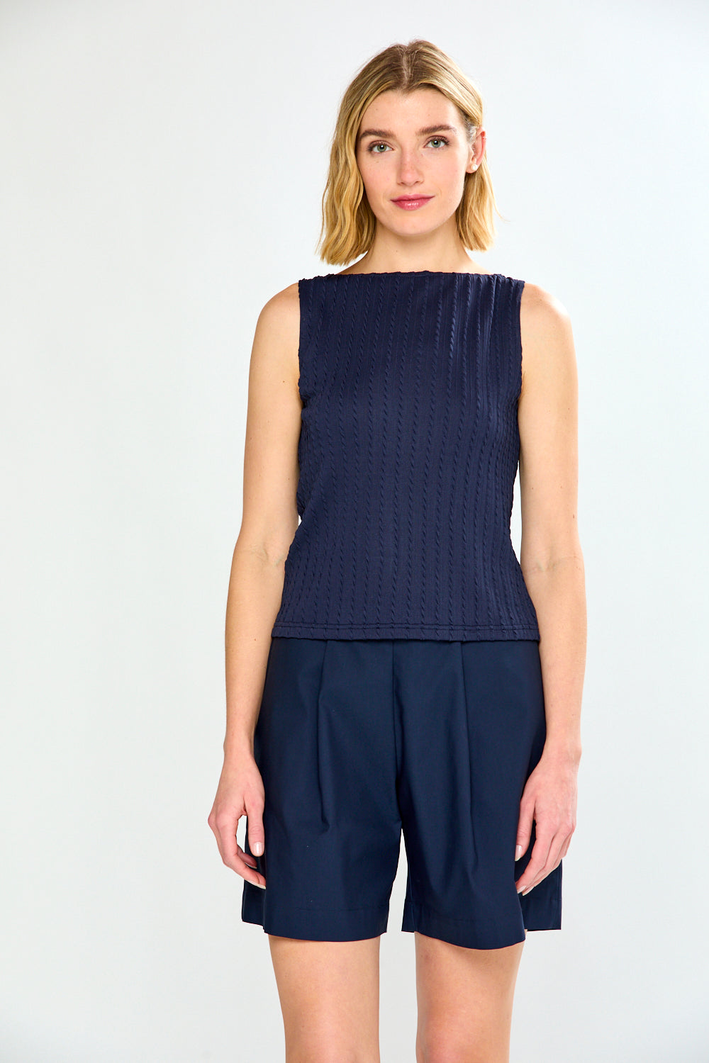 woman in navy shorts