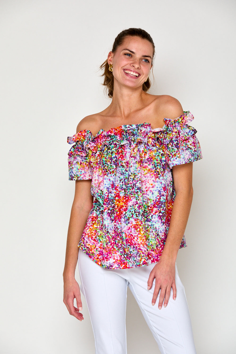 Woman in summer sparkle top