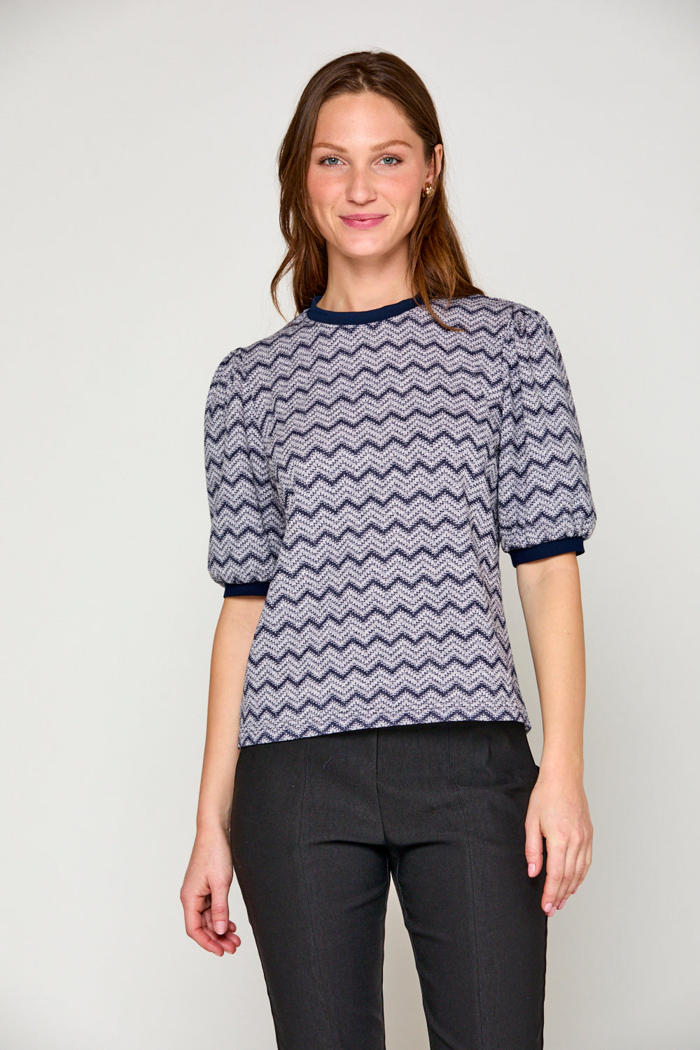 Woman in blue chevron top