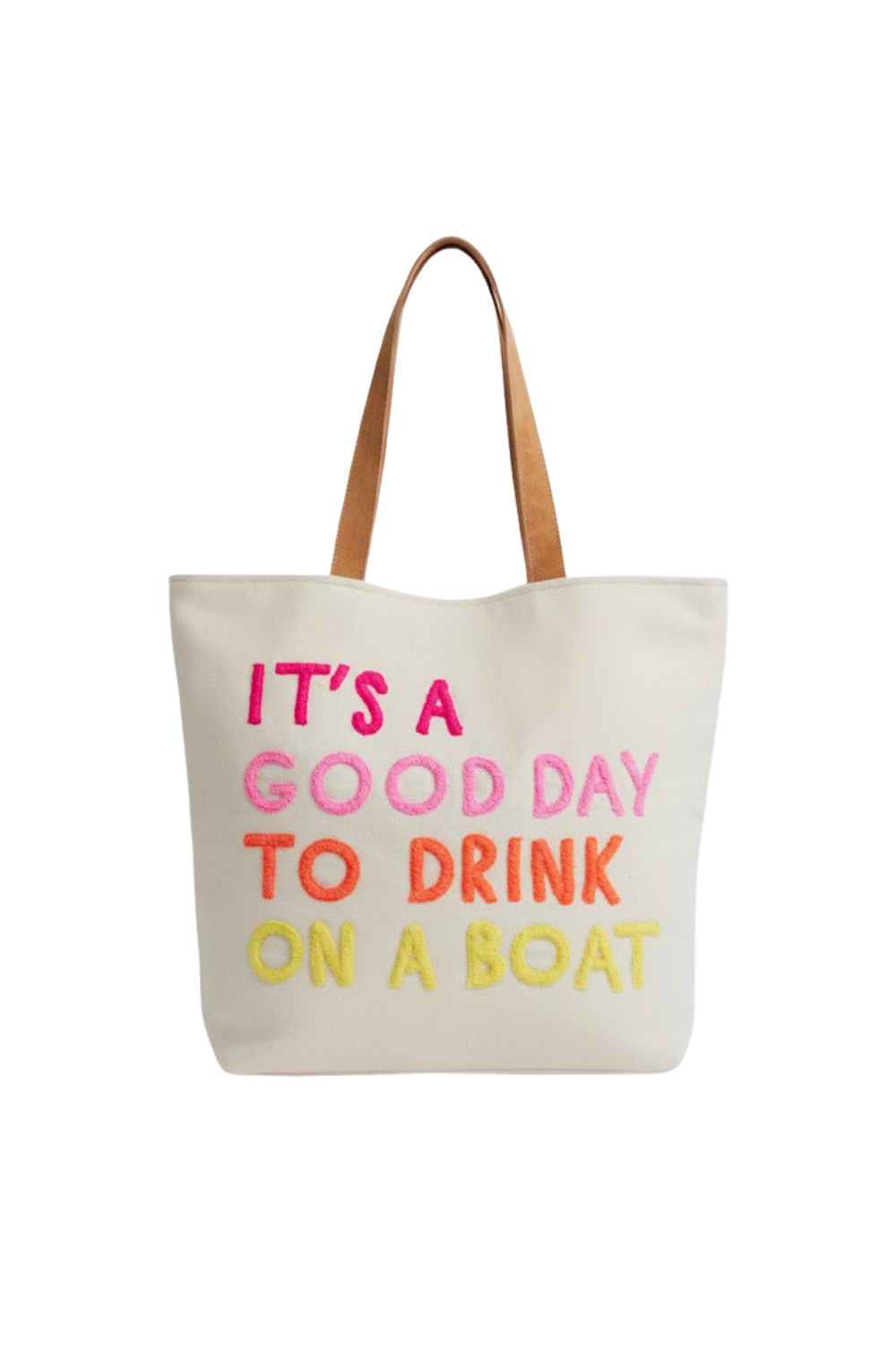 Tote bag with colorful text on a white background