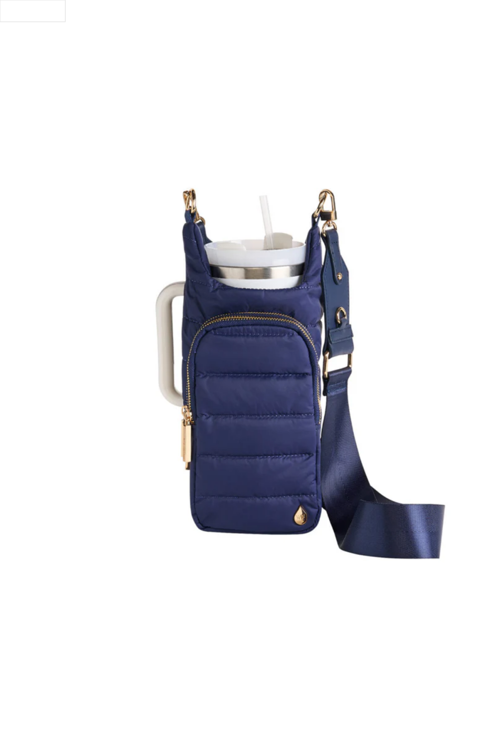Navy puffer water bottle bag on a white background
