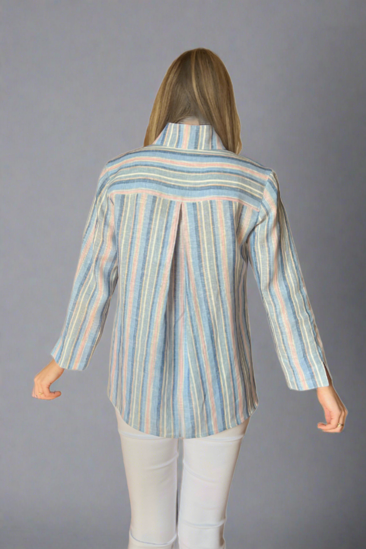 Woman in multi striped blouse